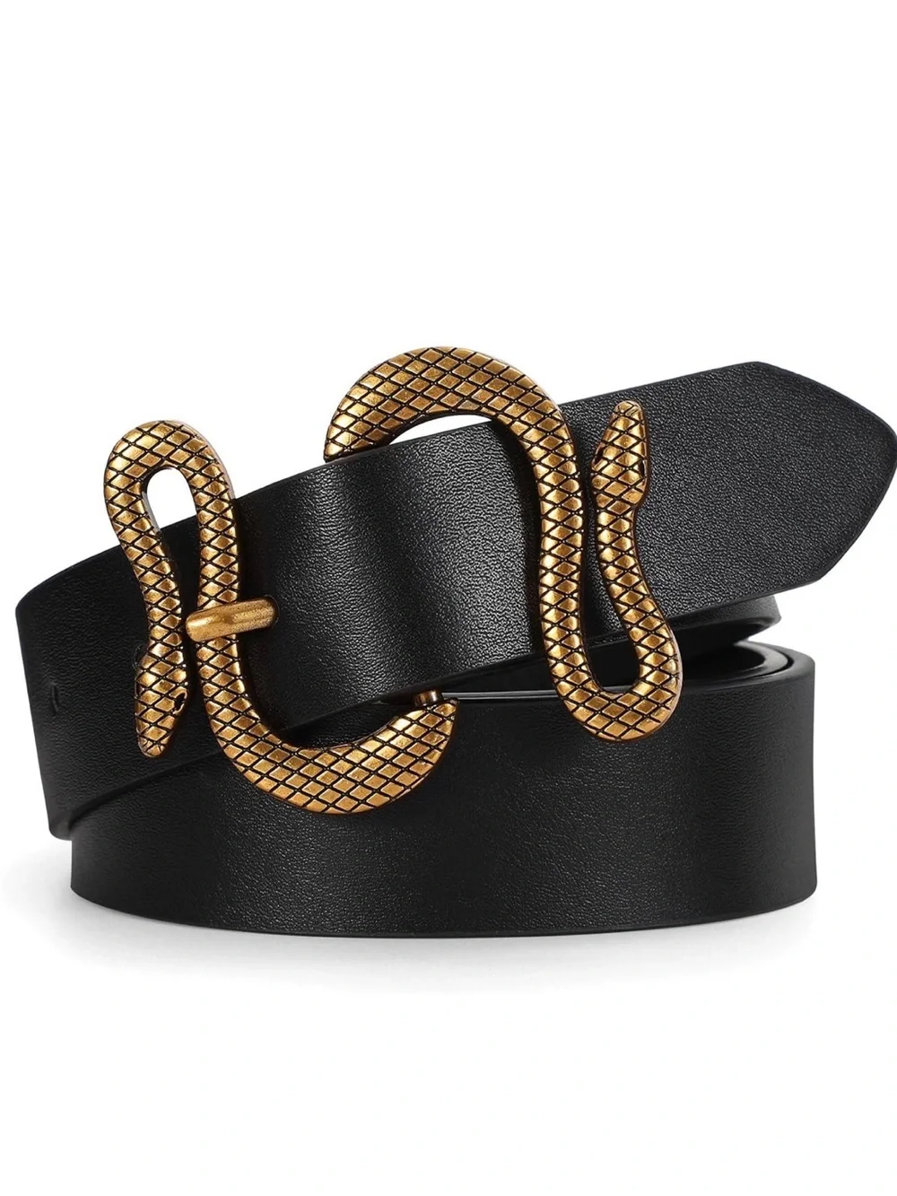 Black Leather Belt with Gold Snake Buckle